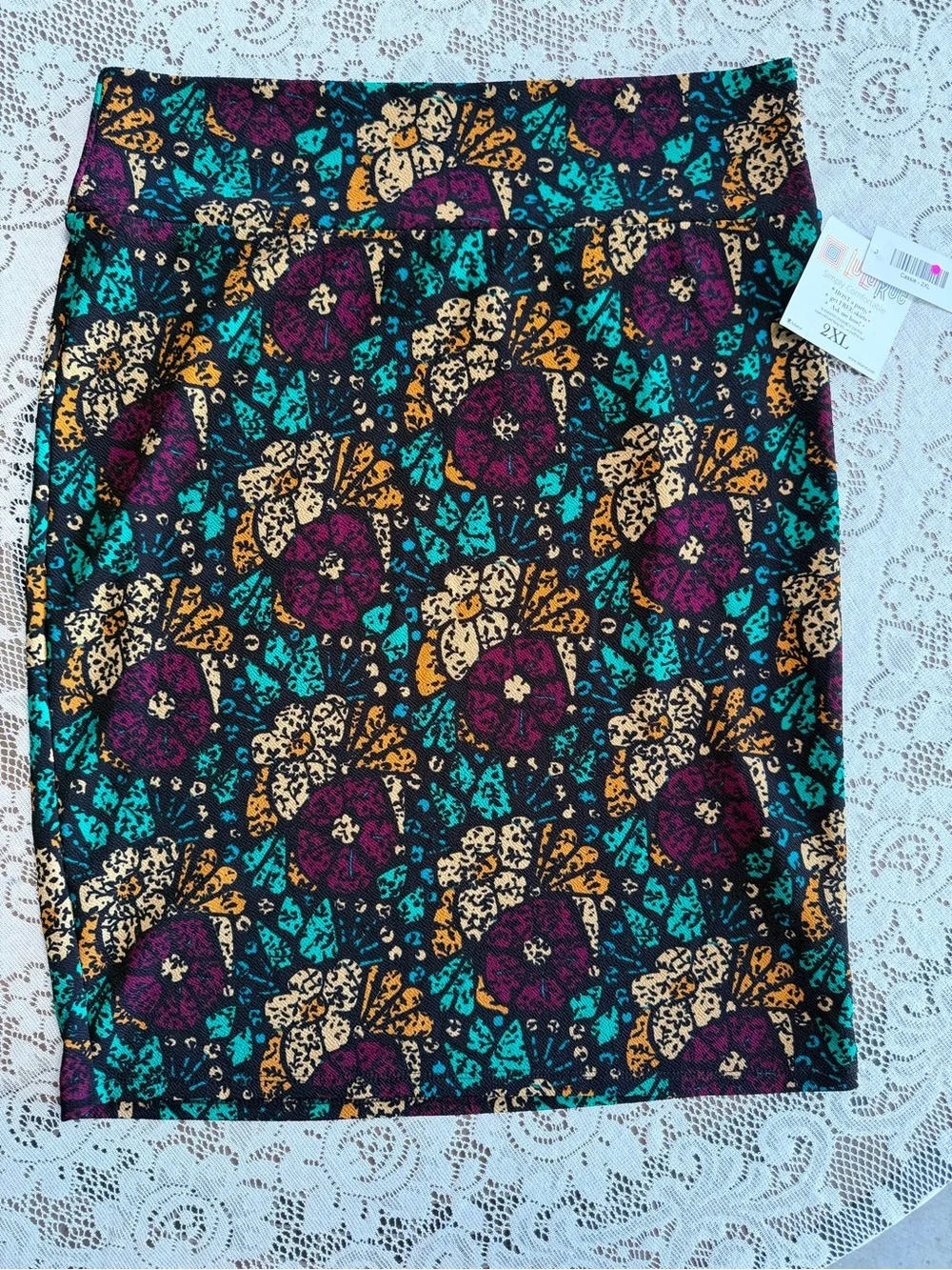 LuLaRoe Floral Pencil Skirt - Black with Teal, Purple & Gold